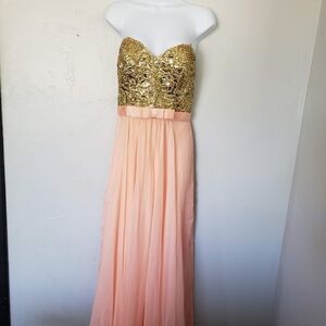 La Femme NWT Peach Apricot Maxi 10 Dress Strapless Tube Top Gold Gem Bust Flawed
